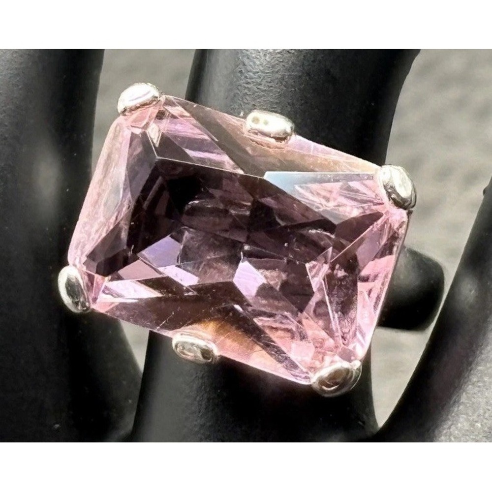 HUGE Pink Faceted Crystal Cocktail Statement Silver Tone Ring Size 7.25